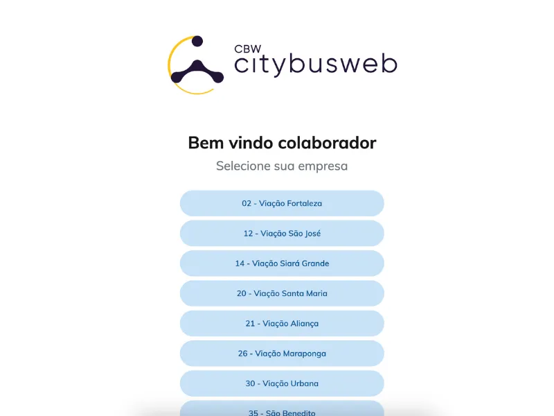 Tela de seleção de empresa do Citybus Web Colaborador, listando as viações